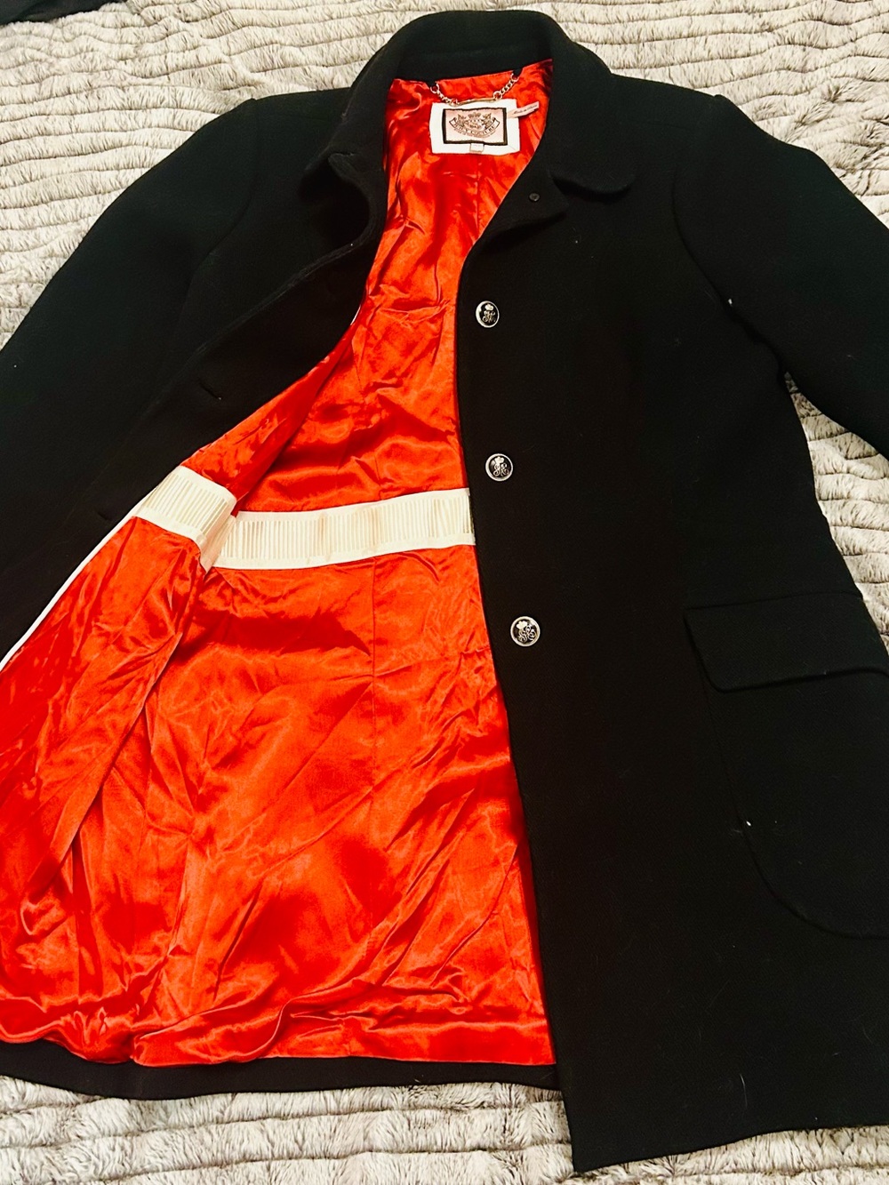 Juicy Couture Black Wool Pea Coat - Gold Buttons & Red Lining Size XL